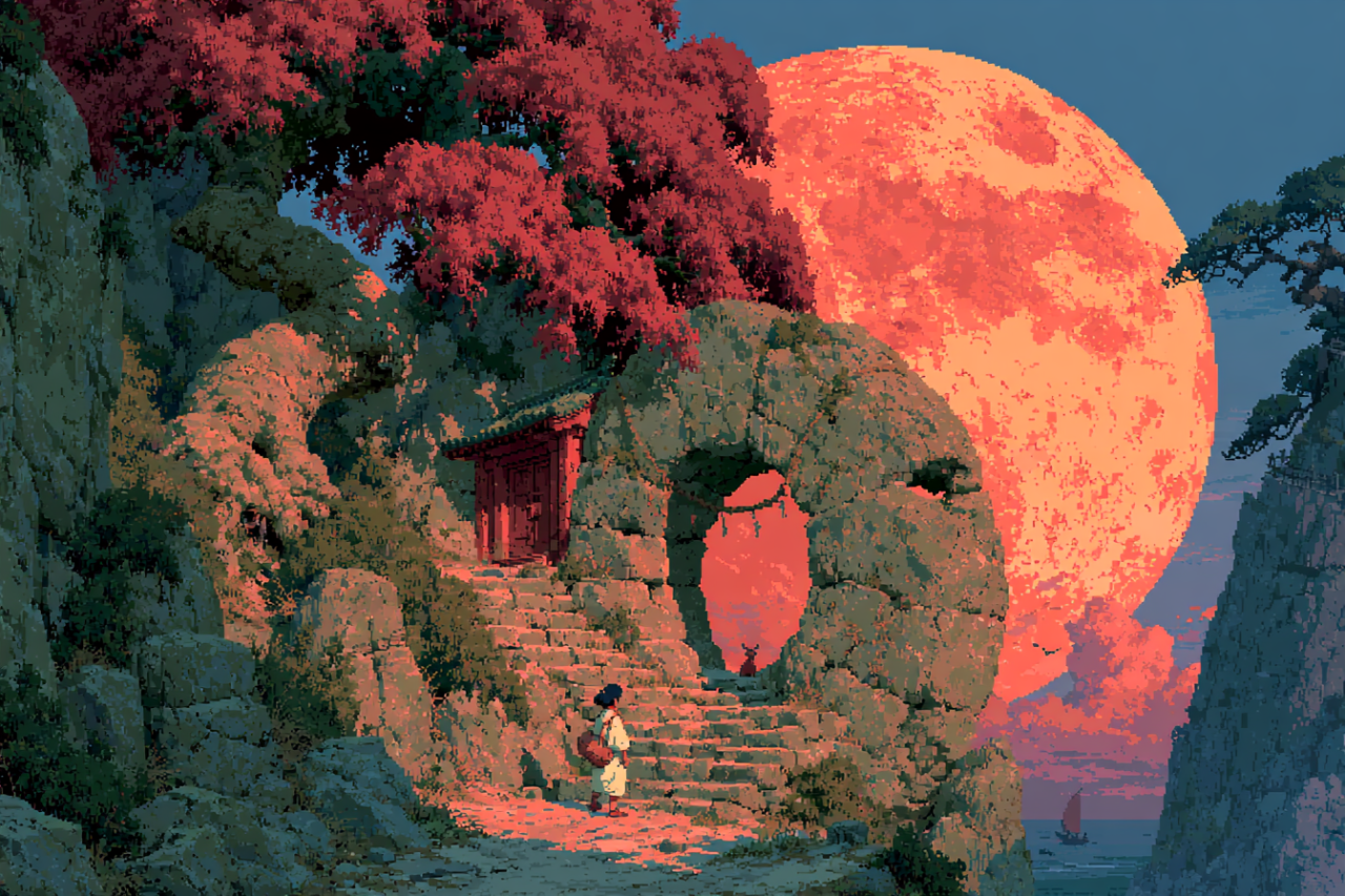 Pixel art wallpaper featuring a massive glowing red moon behind an ancient stone archway, temple stairs, and a traveler in a fantasy landscape.