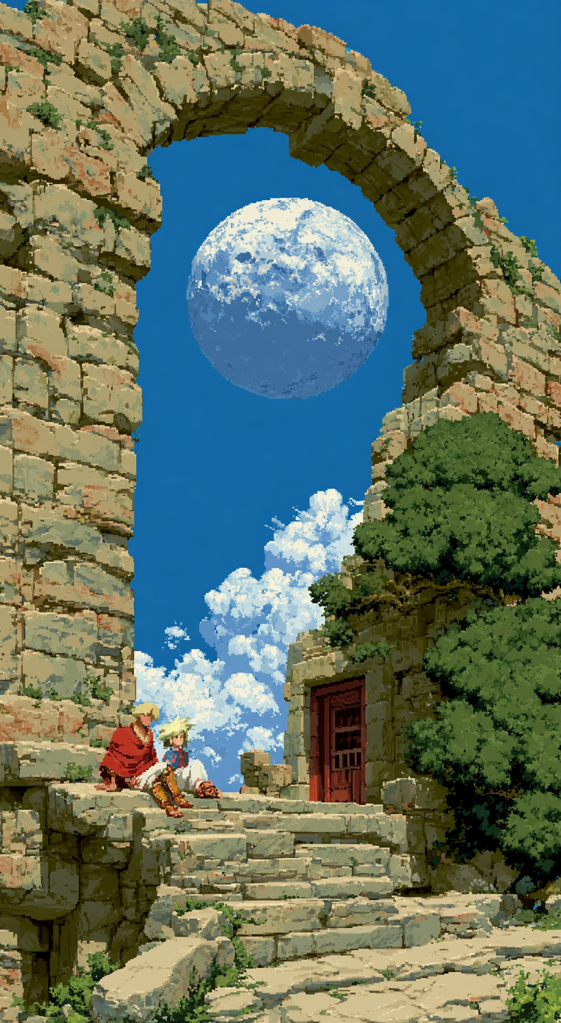 Ancient Arch Moon pixel art wallpaper featuring two travelers sitting on stone ruins beneath a massive full moon framed by a stone archway.