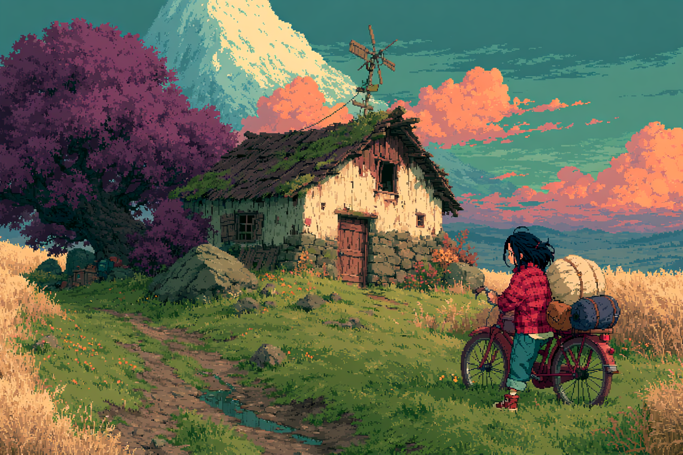 Bicycle Cottage Pixel Art wallpaper featuring a traveler with a loaded bicycle walking towards a rustic stone house under a purple tree and snowy mountain background.