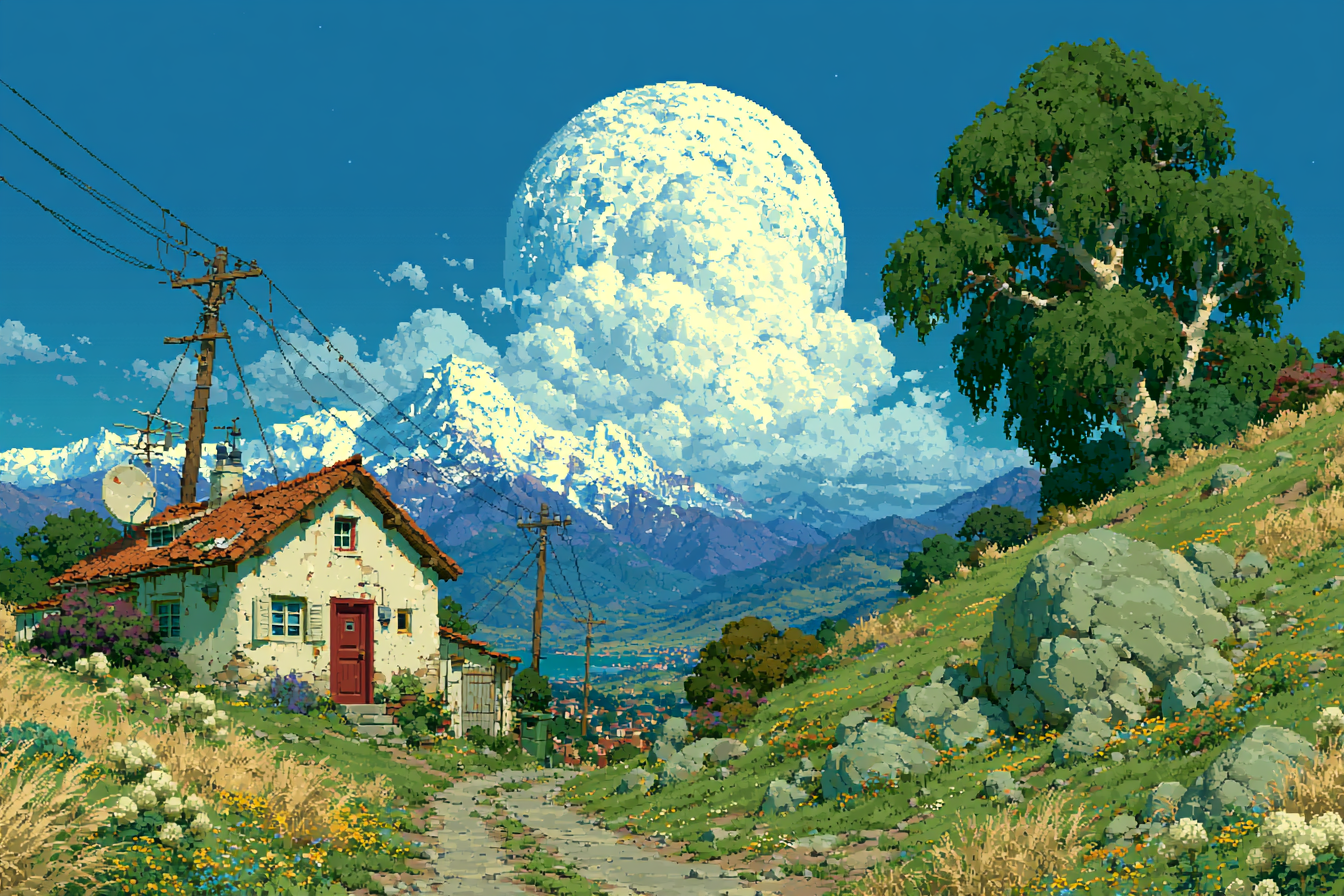 Giant Moon Cottage pixel art wallpaper featuring a cozy countryside house on a grassy hill with snowy mountains and a massive moon in a blue sky.