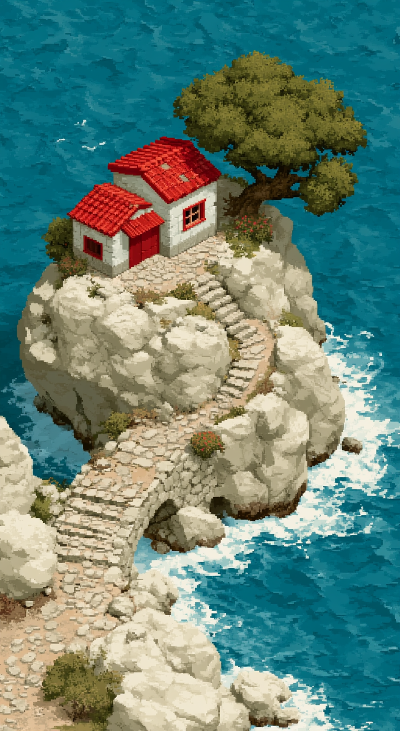 Greek Island House pixel art mobile wallpaper featuring a white cottage with a red roof on a rocky cliff surrounded by blue ocean water and a stone bridge.