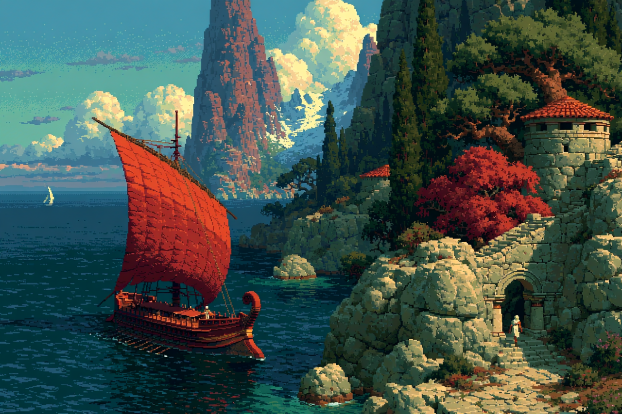 Pixel art wallpaper featuring an ancient Greek galley ship with a red sail navigating along a rocky coastline with stone arches and mountain peaks.