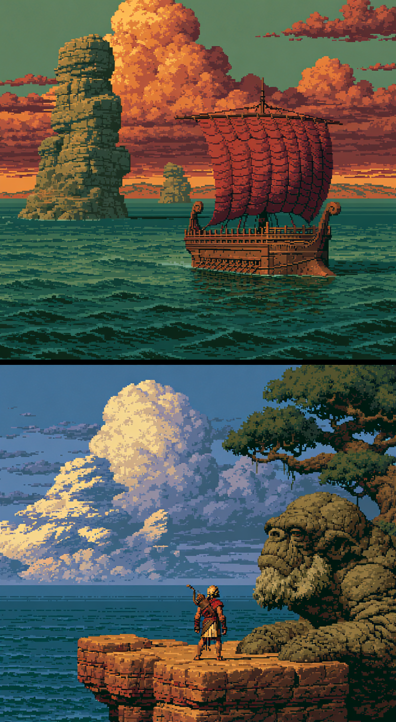 Odysseus Journey Split pixel art mobile wallpaper featuring a dual-panel scene with a sailing galley at sunset and Odysseus beside a giant stone statue on a cliff.