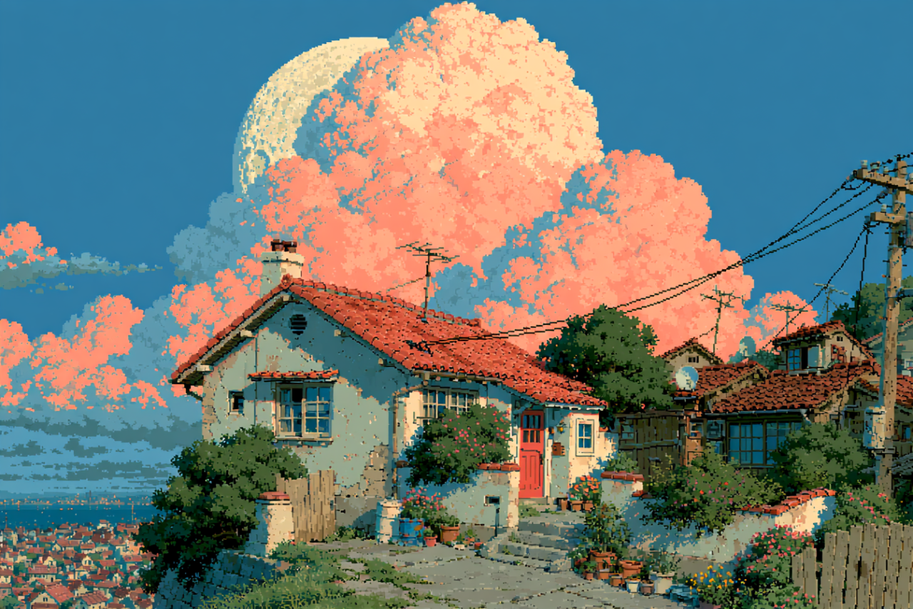 Pink Clouds Cottage pixel art wallpaper featuring a cozy house on a hill overlooking a coastal town beneath massive pink clouds and a moon.