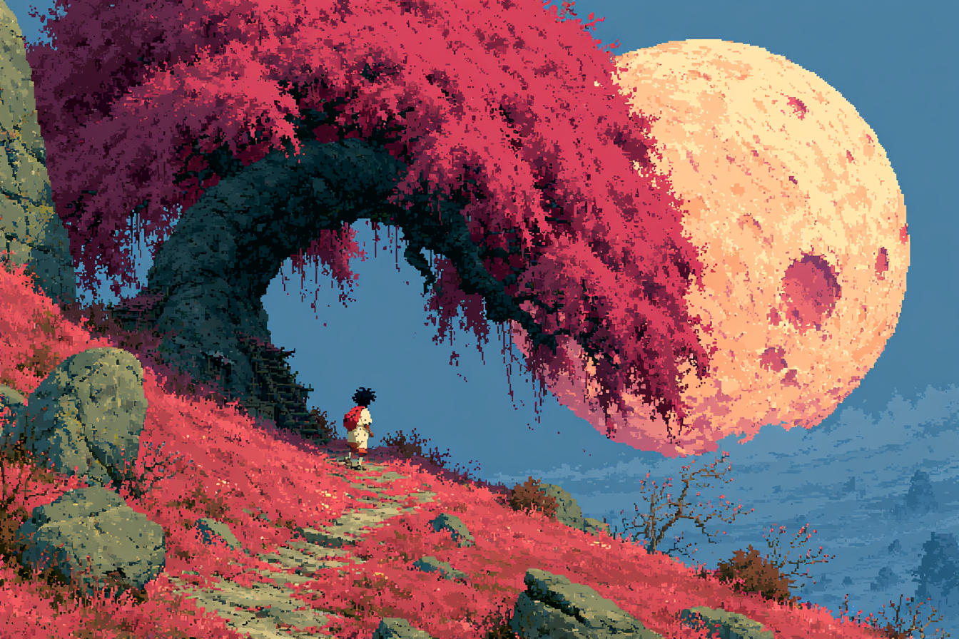 Pink Tree Giant Moon pixel art wallpaper featuring a traveler walking on a pink grassy path under a large curved crimson tree and a massive full moon.