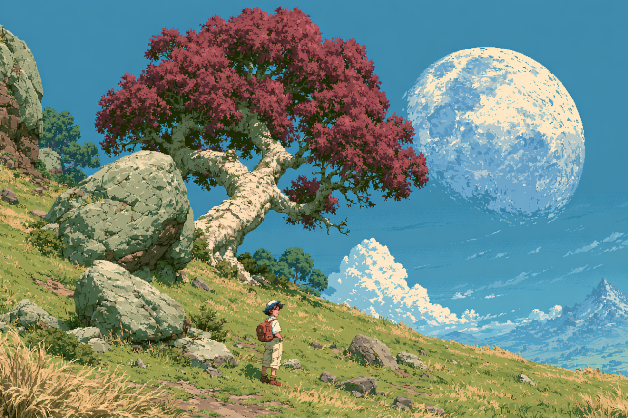 Pixel Art Wallpapers - Red Tree Traveler pixel art wallpaper featuring a hiker with a backpack standing on a grassy hill beneath a large red-leaved tree and a giant daytime moon.