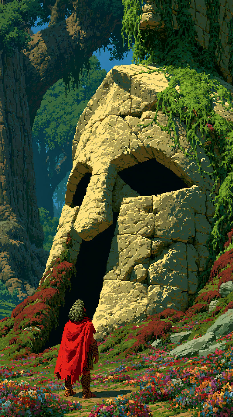 A detailed pixel art illustration of a massive stone statue carved into a Spartan helmet shape, overgrown with green vines in an ancient forest. A lone warrior in a vibrant red cape stands below on a flowery hill, facing the dark visor entrance. Fantasy ruins aesthetic.